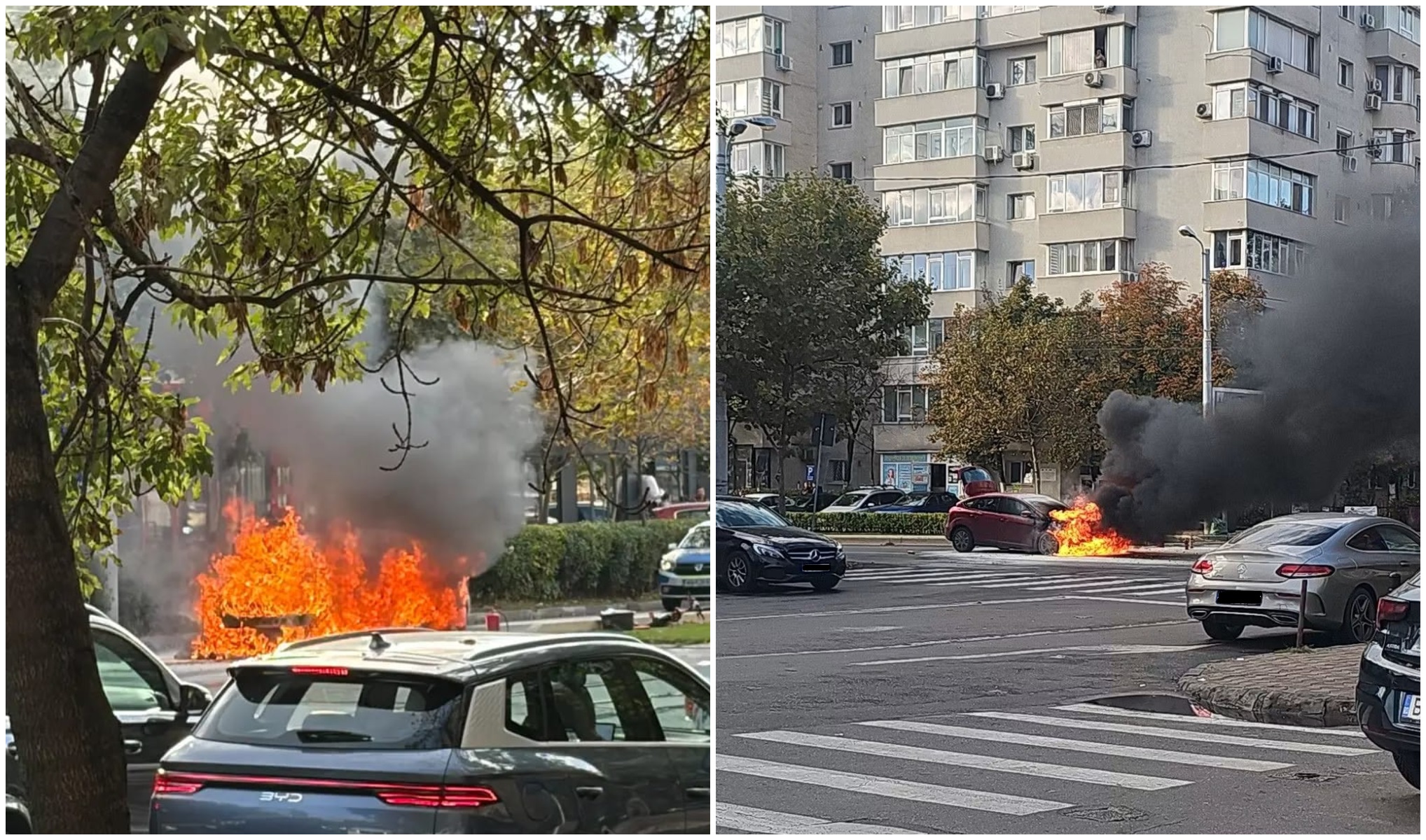 Mașină incendiată pe Calea Vitan în Capitală. Traficul a fost afectat de intervenția echipajelor