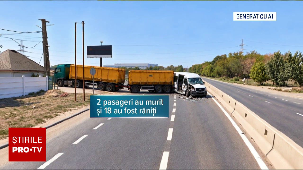 Accident tragic în Buftea: Un microbuz cu 26 de persoane a intrat în remorca unui camion