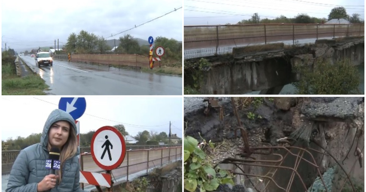 Podul din Racova, județul Bacău, este puternic deteriorat. O bucată din parapetul pietonal s-a prăbușit