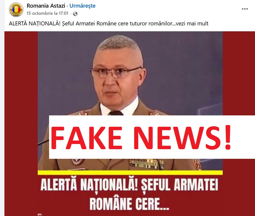 MApN avertizează asupra unei campanii de fake news pe Facebook cu declarații ale șefului Armatei