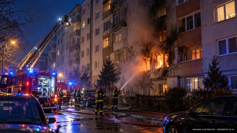 Incendiu violent într-un bloc din Mediaș: zeci de persoane au fost evacuate din cauza fumului