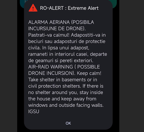 Alerte RO-Alert în Iași după detectarea unei drone care ar fi putut incursiona spațiul aerian