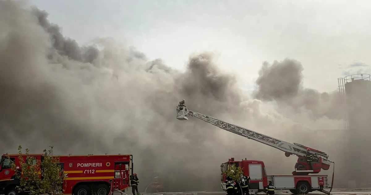Incendiu de amploare la o fabrică de celuloză din Drobeta-Turnu Severin. Arde o hală de 20.000 mp