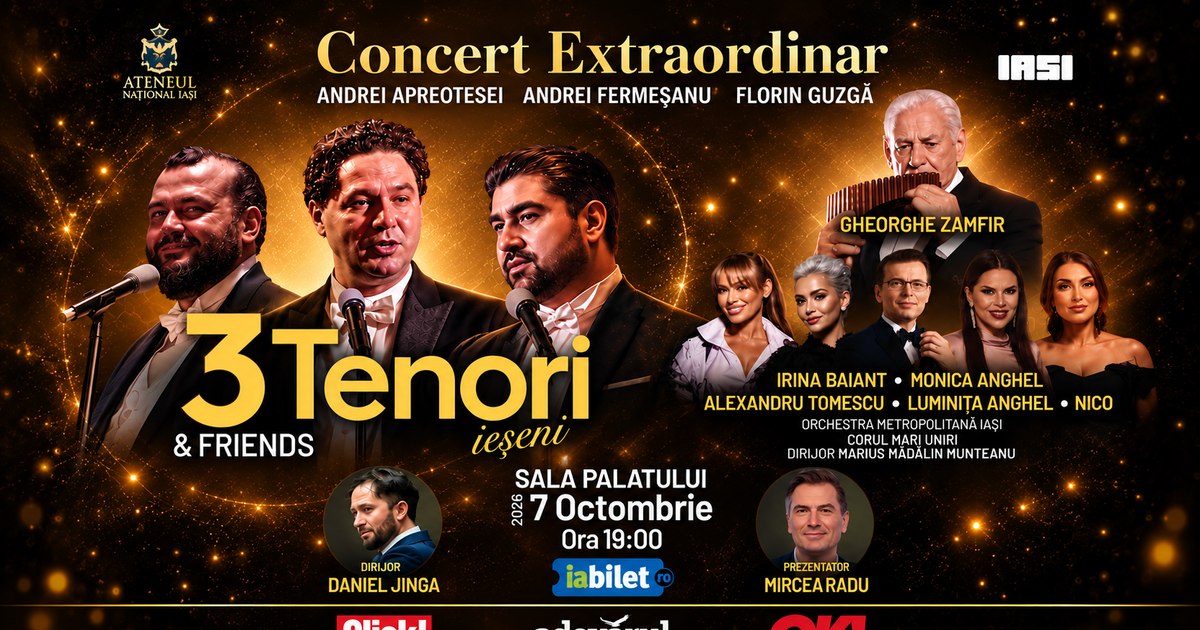 Concert de excepție la Sala Palatului: cei trei tenori ieșeni vor fi însoțiți de Gheorghe Zamfir și Irina Baianț