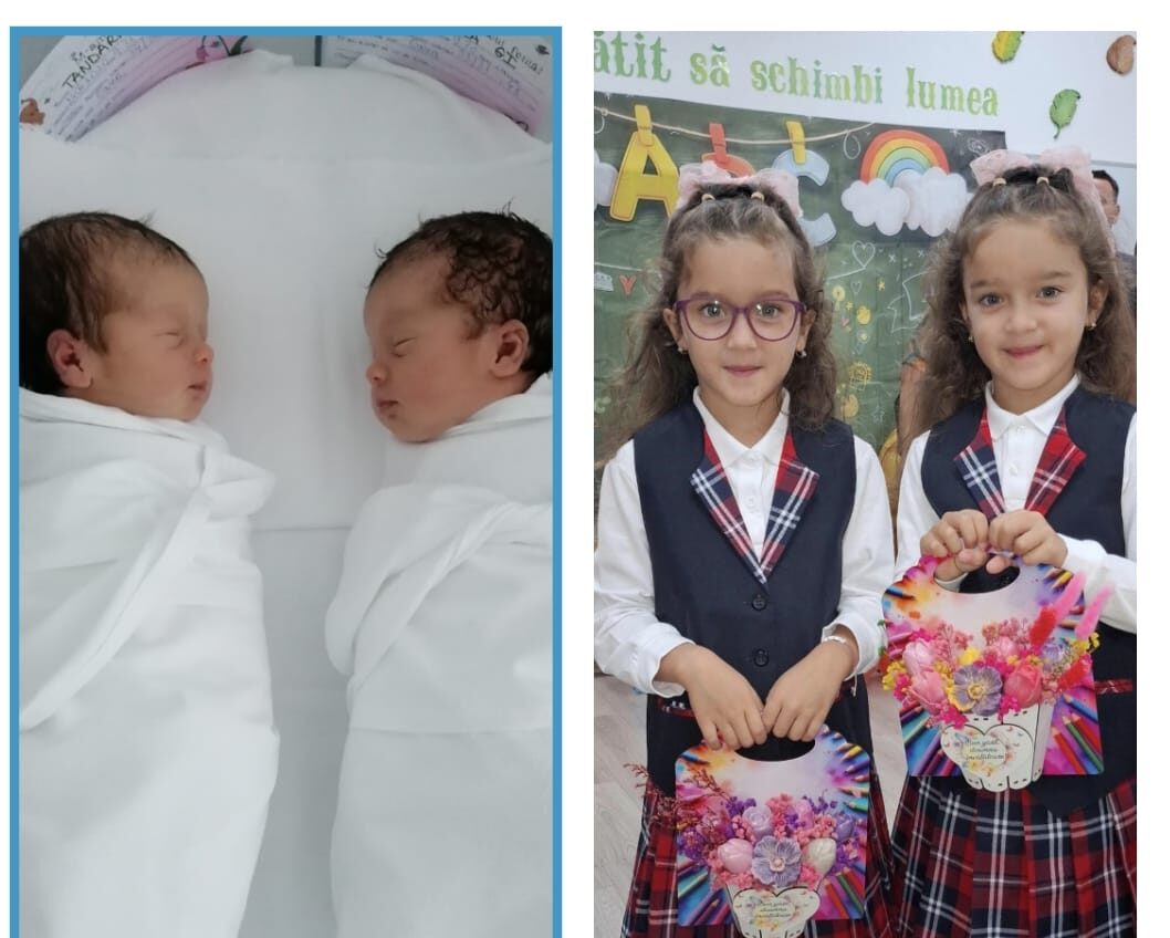 Gemenile Olivia și Irina au început școala, după o naștere marcată de restricțiile pandemiei de COVID-19