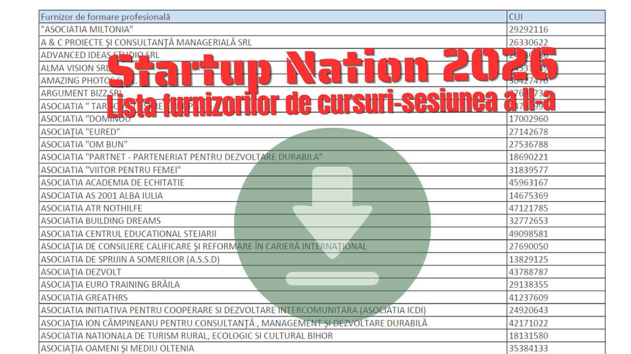 Se deschid înscrierile la cursurile Startup Nation 2026: 113 furnizori pentru tinerii antreprenori