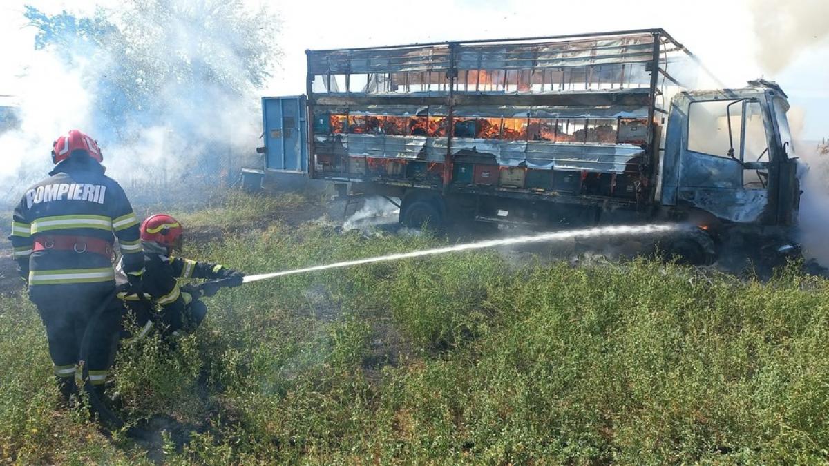 Incendiu devastator în Argeș: un camion cu stupi a ars complet, iar focul a ajuns la o combină agricolă