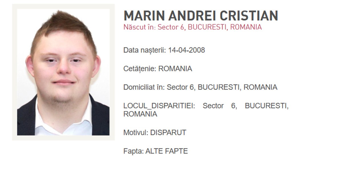 Mesaj RO-ALERT pentru un tânăr de 18 ani cu sindrom Down dispărut în Sectorul 6